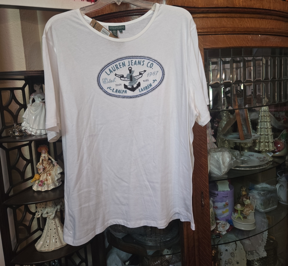 Ralph Lauren White Short-Sleeve Crewneck Tee with Navy Logo Patch